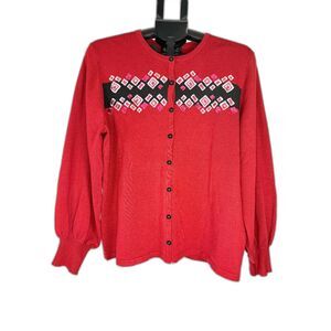 Vintage Bob Mackie Wearable Art Red Geometric Embroidered Cardigan Sweater Large